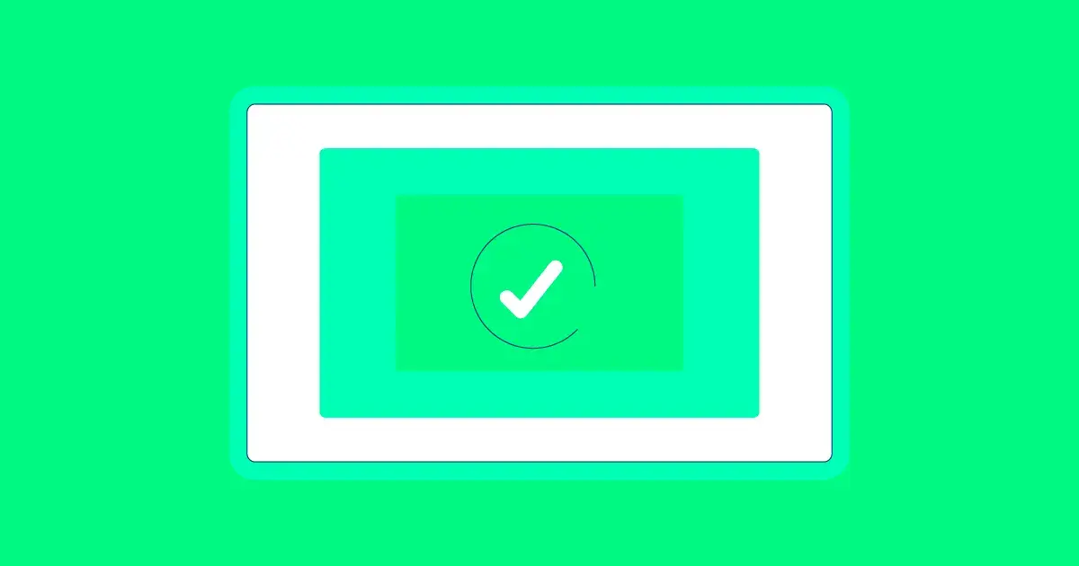 Vector illustration of a computer screen with layered green panels and a central checkmark icon, representing successful validation or approved system requirements.
