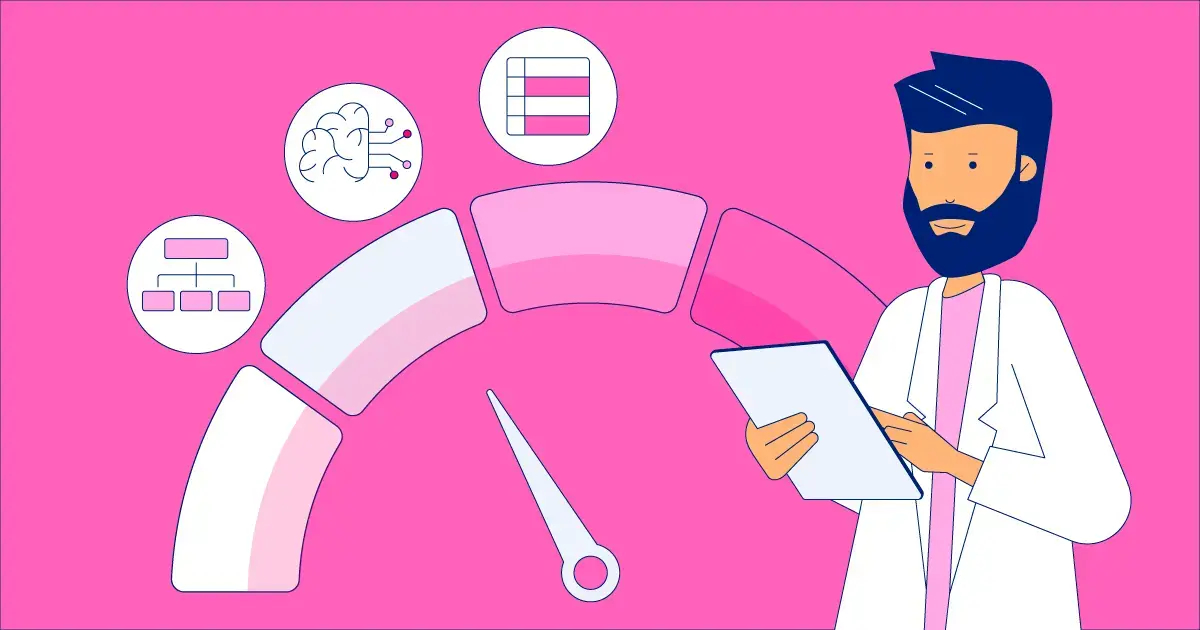 Illustration of a professional holding a tablet next to a gauge meter, with icons of a brain, flowchart, and data table representing quality risk management tools