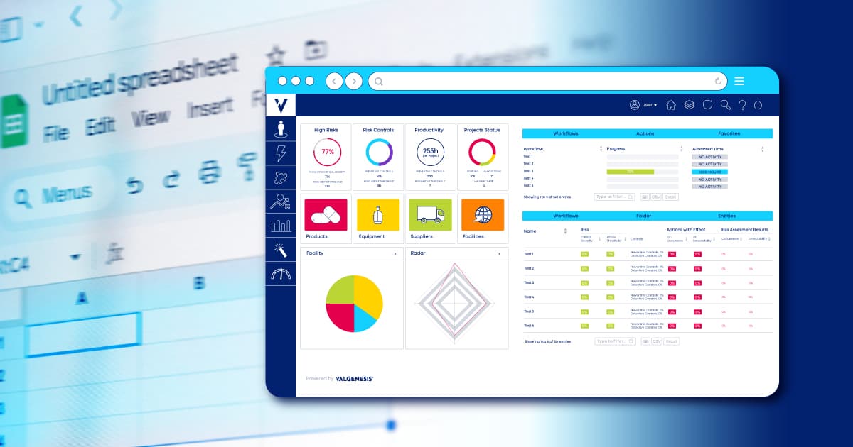 Excel spreadsheet with overlay screenshot of ValGenesis risk management platform