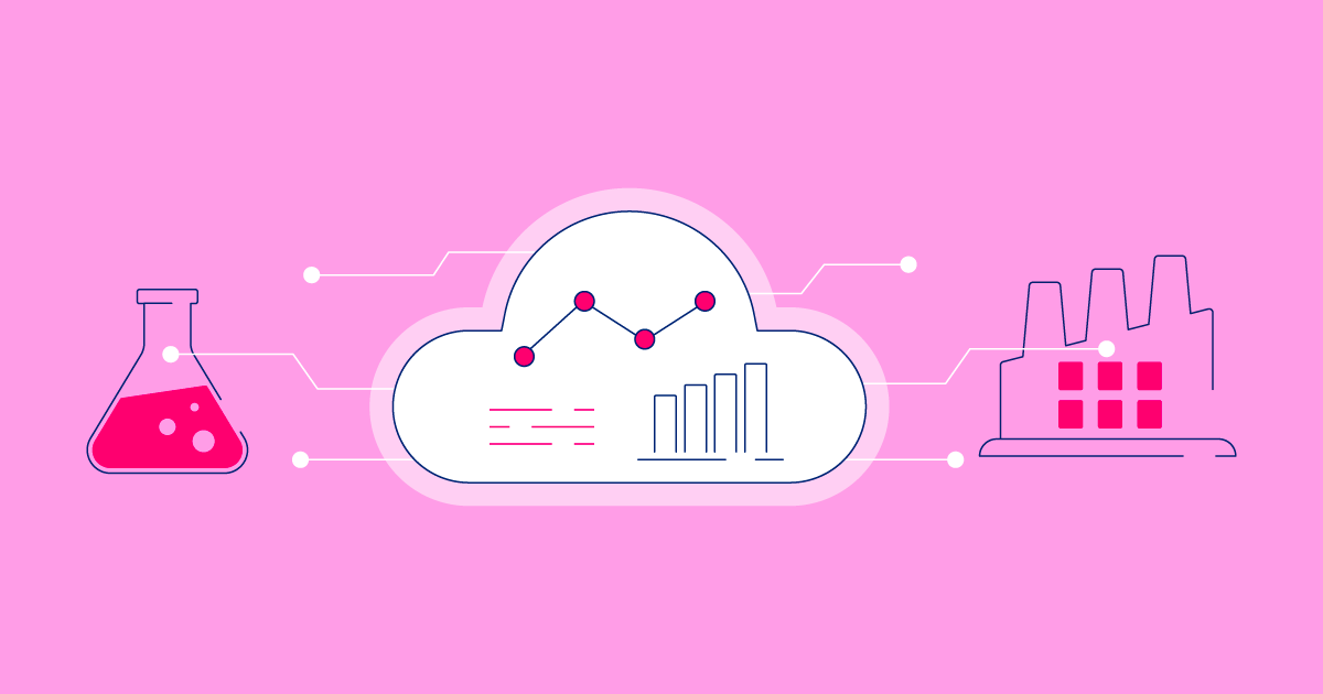 Illustration showing data flowing from lab to cloud to factory, representing pharmaceutical tech transfer.